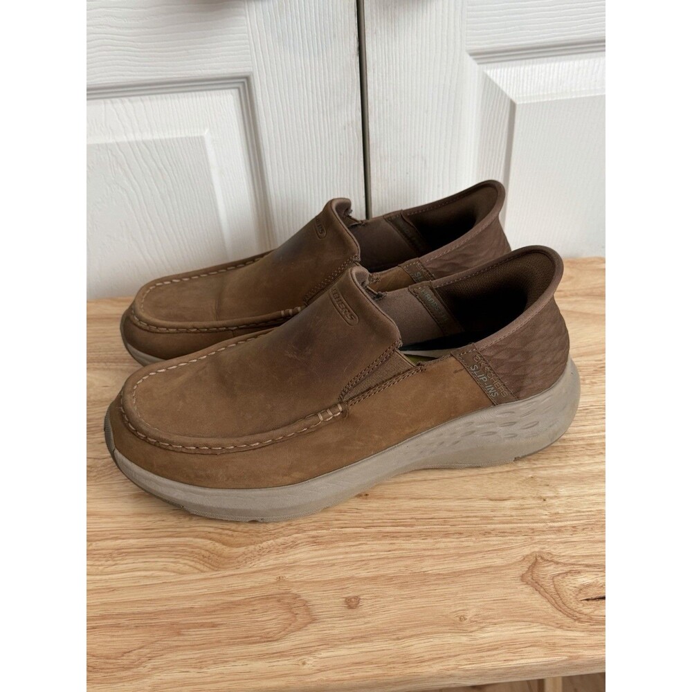 Skechers Size 10 Mens Slip-ins Parson Oswin Extra Wide Brown Leather Loafers